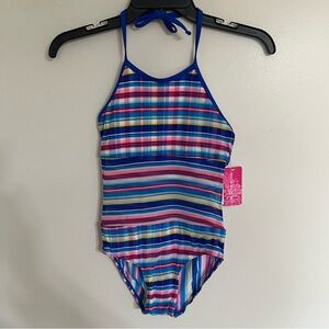 NWT Girls Gossip Girl 1 Piece Swimsuit Striped With Sheer Belly Area Size 8